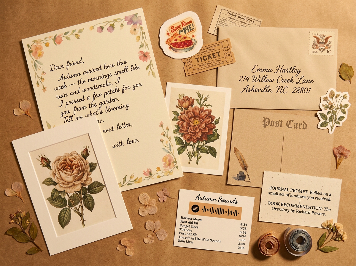 A Bloom Society parcel flat-lay with letter, rose photo print, stickers, book recommendation, Spotify playlist card, and return envelope