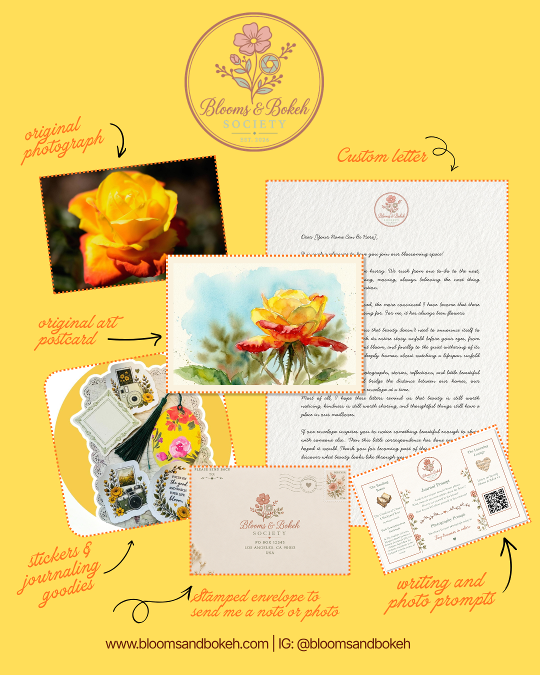 Mail club advertisement showing original photograph, custom letter, watercolor rose postcard, stickers, stamped envelope, and writing prompts