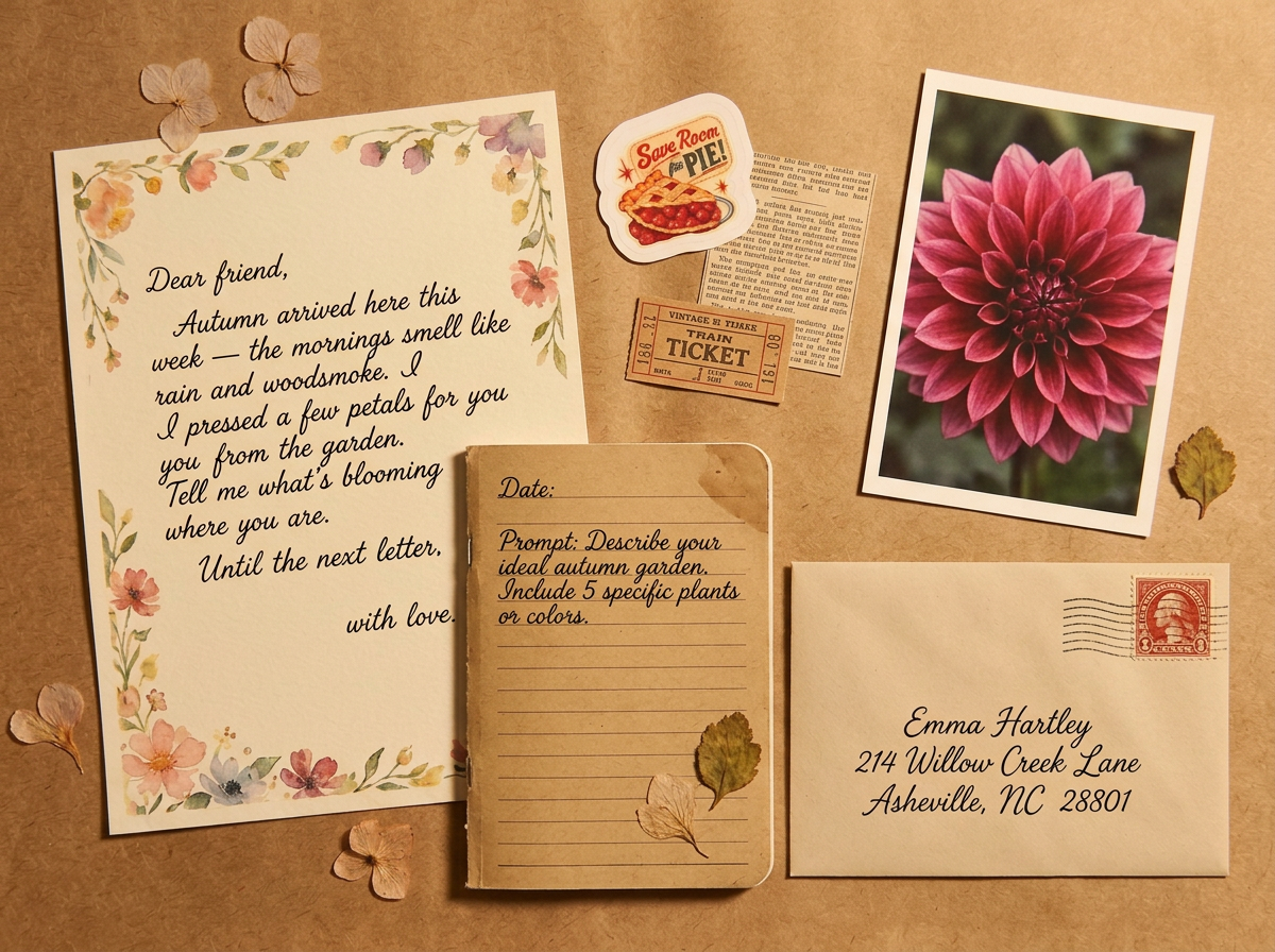 A Seedling parcel flat-lay with a handwritten letter, bloom photo, journal prompt, sticker, and return envelope
