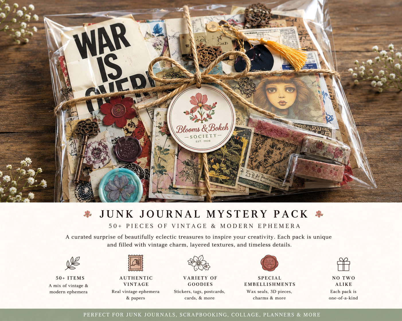 Junk Journal Mystery Pack from Blooms & Bokeh — a curated bundle of vintage and modern ephemera tied with twine