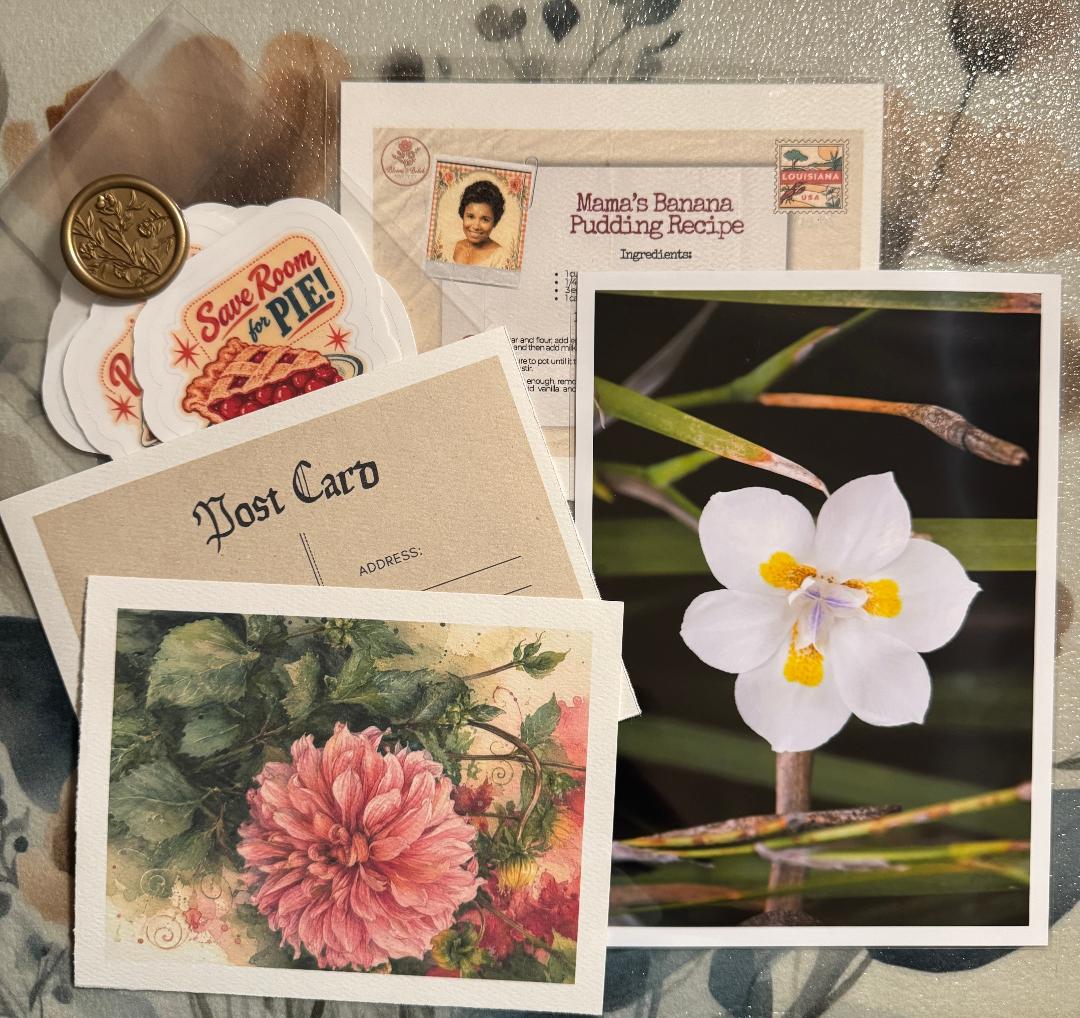 This month's parcel: a white iris photo print, pink dahlia watercolor art card, vintage post card, recipe letter with stamp, pie stickers, and a gold wax seal