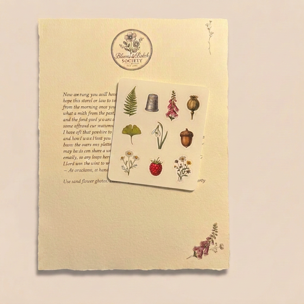 A Sprout parcel flat-lay with a handwritten letter and a sheet of ten vintage botanical stickers