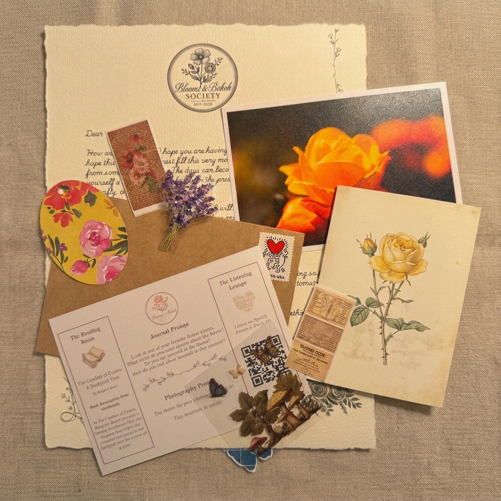 A Bloom Society parcel flat-lay with letter, rose photo print, stickers, book recommendation, Spotify playlist card, and return envelope