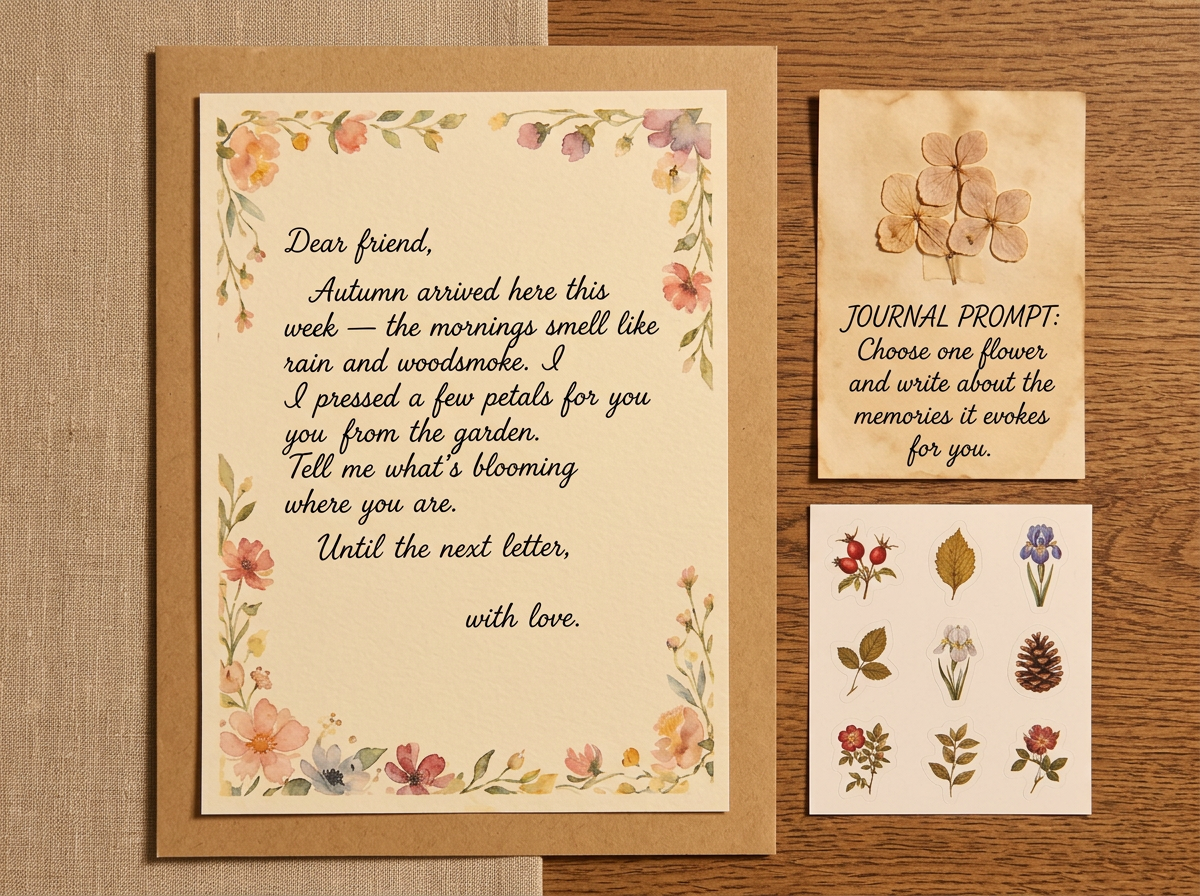 A Sprout parcel flat-lay with a handwritten letter and a sheet of ten vintage botanical stickers