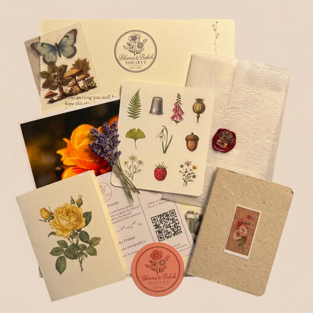 A Bokeh Experience parcel flat-lay with letter, lotus photo print, butterfly and floral stickers, journal prompt, book recommendation, Spotify playlist card, handmade stationery, and landscape postcard