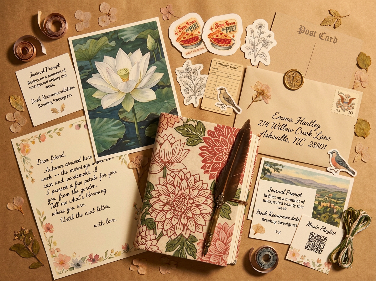 A Bokeh Experience parcel flat-lay with letter, lotus photo print, butterfly and floral stickers, journal prompt, book recommendation, Spotify playlist card, handmade stationery, and landscape postcard