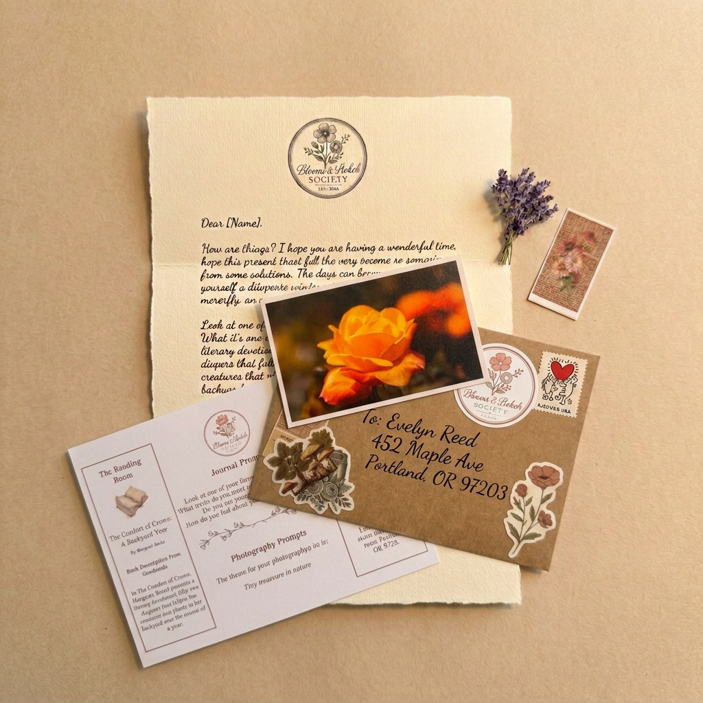 A Seedling parcel flat-lay with a handwritten letter, bloom photo, journal prompt, sticker, and return envelope