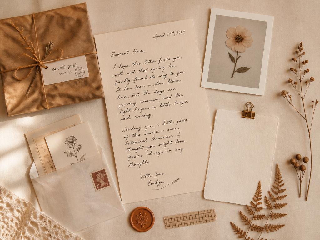 A flat-lay of this month's parcel with a handwritten letter, flower photo, botanical ephemera, and a note card