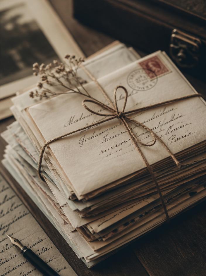 A stack of vintage letters tied with twine and elegant handwriting