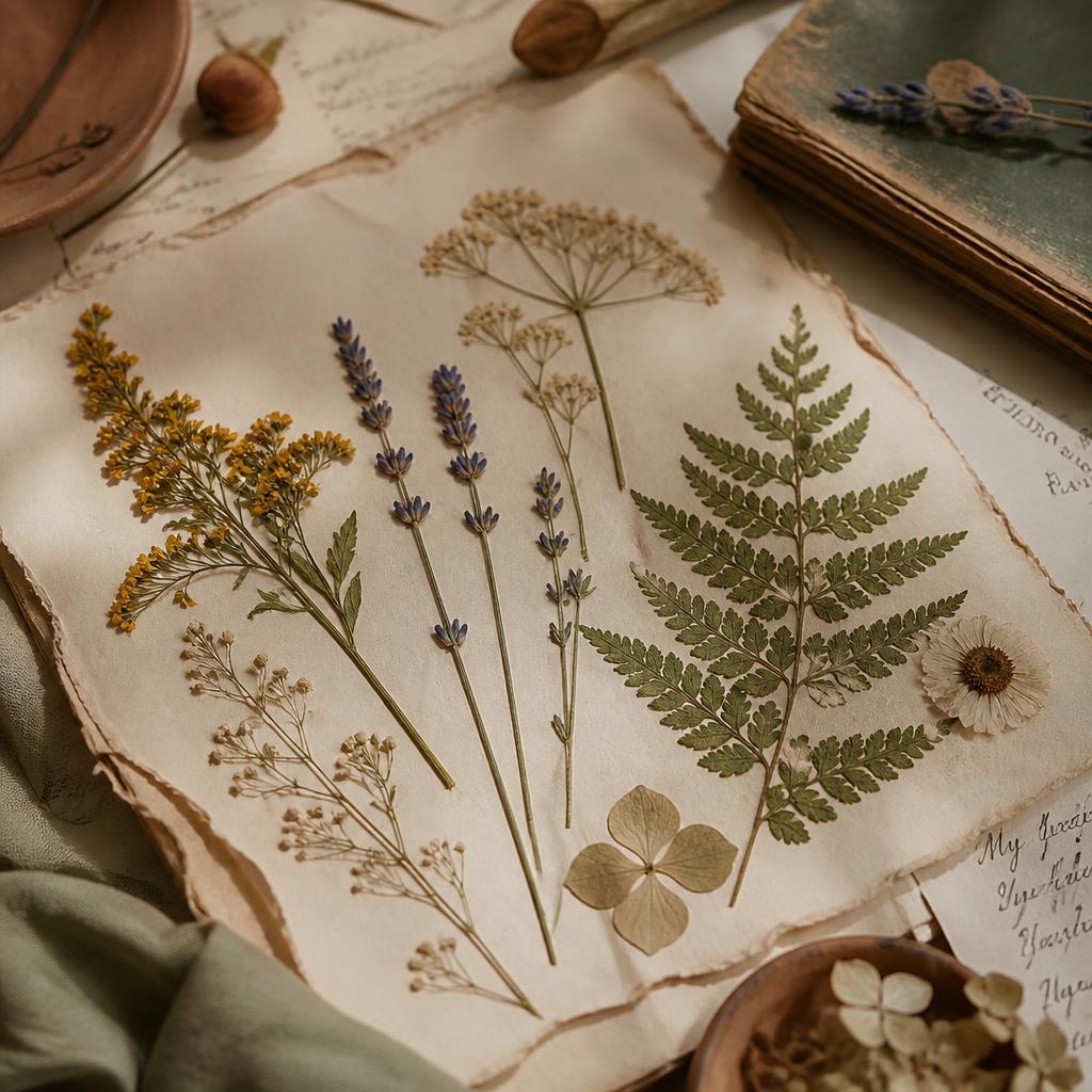 Pressed dried botanicals arranged on aged paper