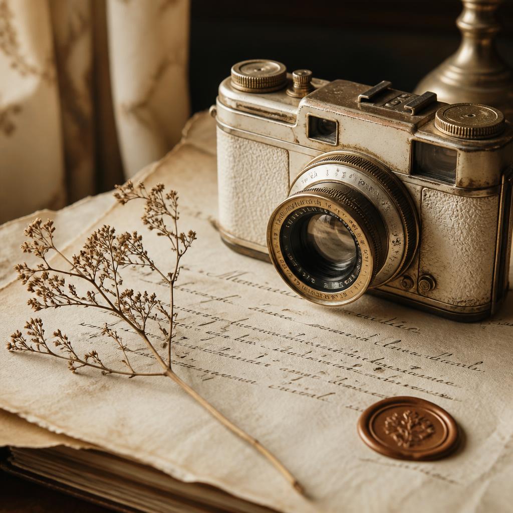 A vintage film camera resting on aged parchment with dried botanicals